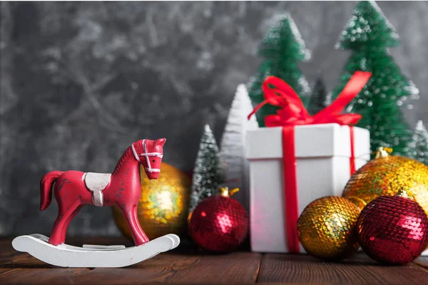 Boldog Újévi Üdvözlőlapot Karácsonyfa Golyók Ajándékok Bezárás Másolás Tér Szelektív — Stock Fotó