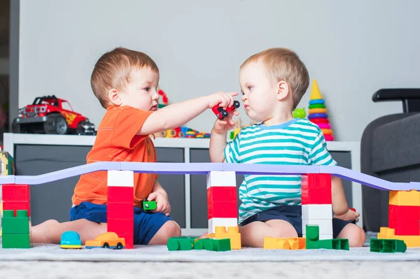 Two Children Boy Play Together Toys Interior Childrens Room — Stockfoto