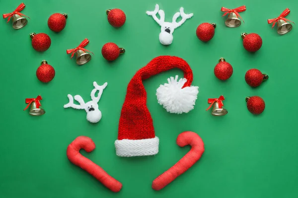 New Year Greeting Card Santa Claus Hat Christmas Balls Lollipops — Φωτογραφία Αρχείου