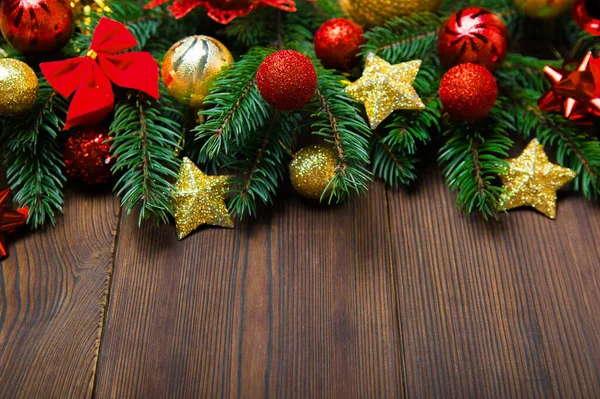 New Year Greeting Card Christmas Tree Branches Red Yellow Balls — Φωτογραφία Αρχείου