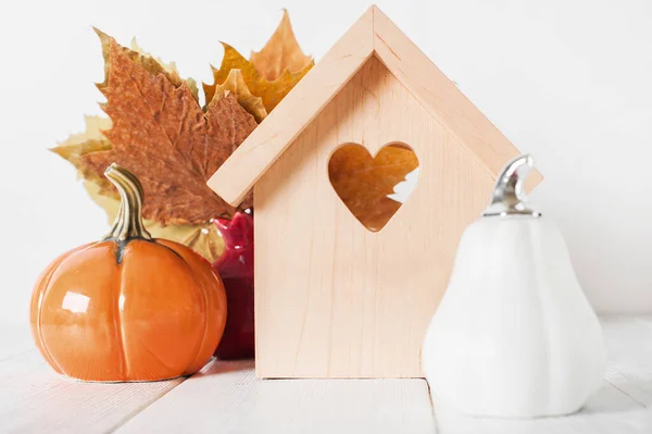 Autumn House Insurance Sale Rent Concept White Decorative Pumpkins Autumn — Fotografia de Stock