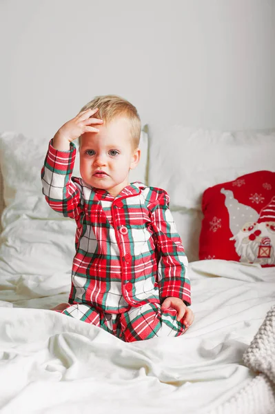 Cute Toddler Boy Pajamas Home Close New Year Comfort Home — Stock Photo, Image