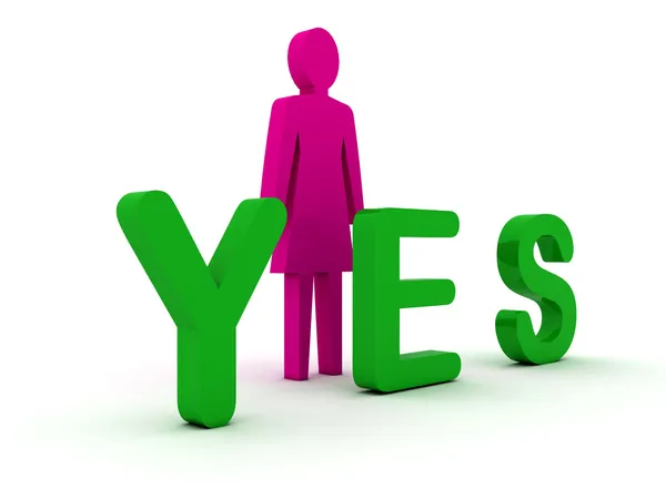 Фигура женщины стоит рядом с иконой "да". Концепция 3D иллюстрации — стоковое фото