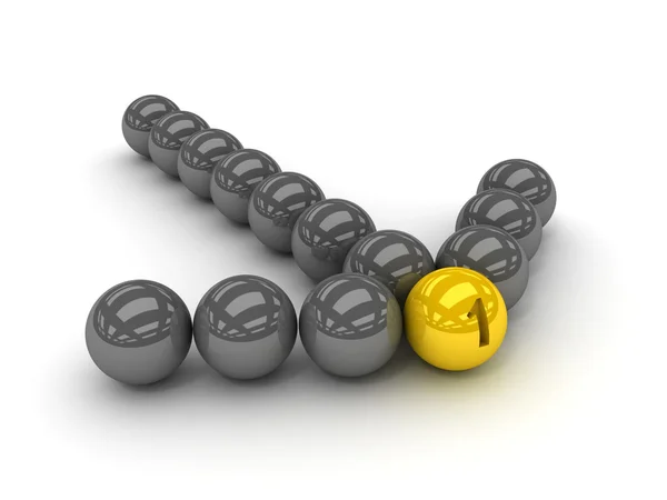Grey arrow of the balls with the gold leader in front. Concept 3D illustration — Stock Photo, Image