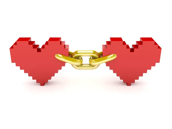 Dois corações ligados por uma corrente dourada. Conceito ilustração 3D . — Fotografia de Stock