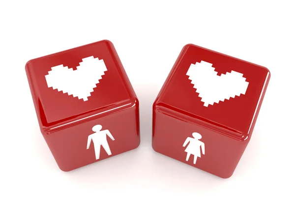 Two hearts, male and female figures on dices. Concept 3D illustration. — Stock Photo, Image