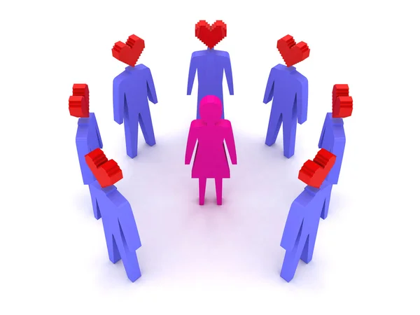 A woman surrounded by men in love. Concept 3D illustration — Stock Photo, Image