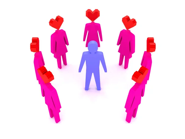 Um homem rodeado de mulheres apaixonadas. Conceito ilustração 3D — Fotografia de Stock