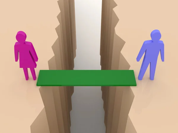 男人和女人分开两边，通过分离裂缝桥。概念 3d 图. — 图库照片