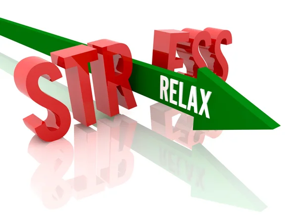 Freccia con la parola Relax rompe la parola Stress. Concetto Illustrazione 3D . — Foto Stock