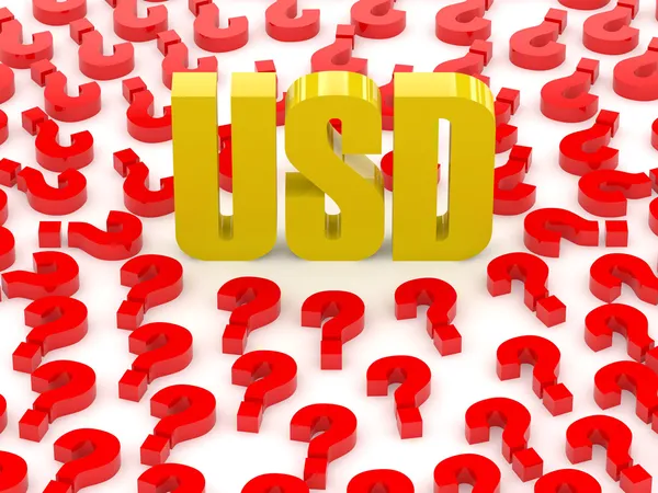 USD teken omringd door vraagtekens. concept 3d illustratie. — Stockfoto