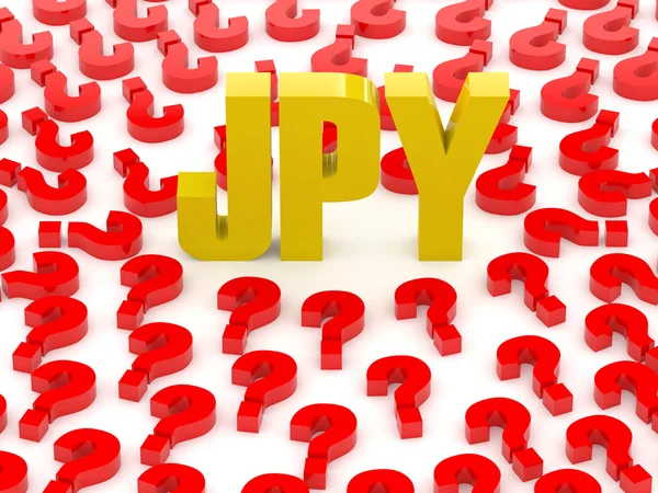 Señal JPY rodeada de signos de interrogación. Concepto Ilustración 3D . — Foto de Stock