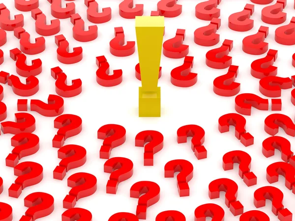 Exclamation sign surrounded by question marks. Concept 3D illustration. — Stock Photo, Image