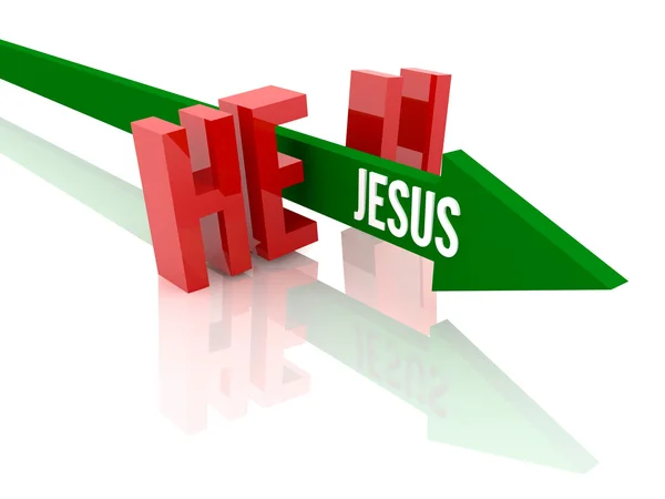 Arrow with word Jesus breaks word Hell. Concept 3D illustration. — Stock Photo, Image