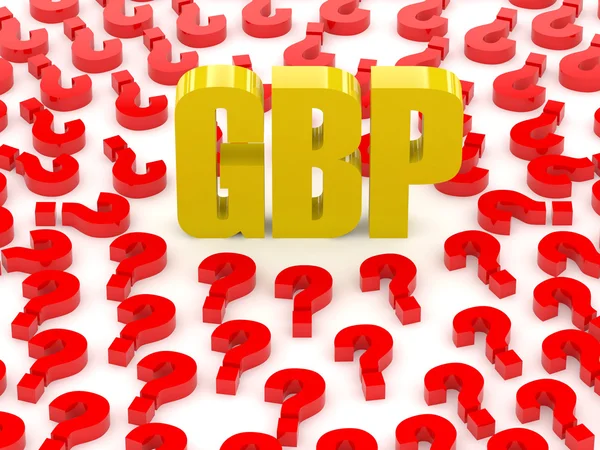 GBP sign surrounded by question marks. Concept 3D illustration. — Stock Photo, Image