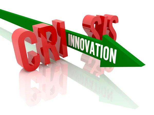 Arrow with word Innovation breaks word Crisis. Concept 3D illustration. — Stock Photo, Image