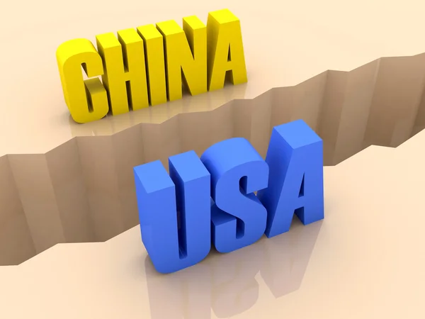 Two countries CHINA and USA split on sides, separation crack. Concept 3D illustration. — Stock Photo, Image