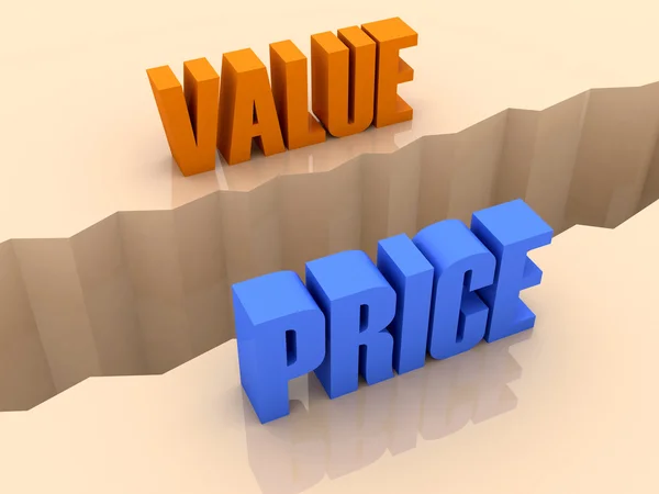 Two words VALUE and PRICE split on sides, separation crack. Concept 3D illustration. — Stock Photo, Image