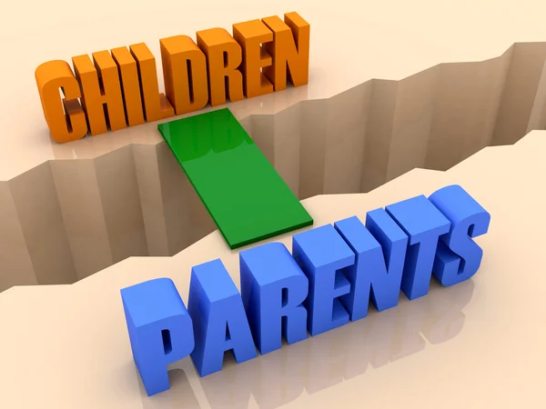 Two words CHILDREN and PARENTS united by bridge through separation crack. Concept 3D illustration. — Stock Photo, Image