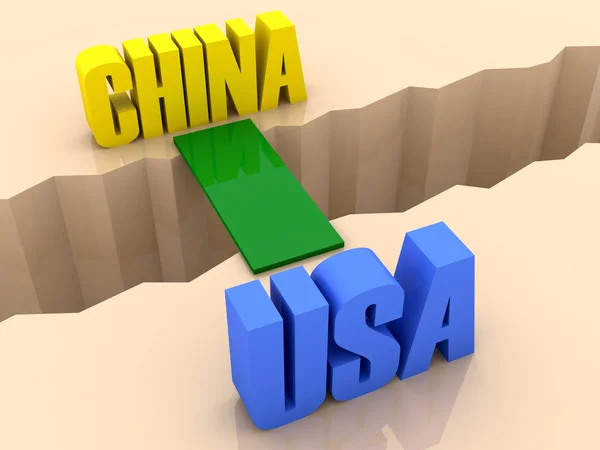Two countries CHINA and USA united by bridge through separation crack. Concept 3D illustration. — Stock Photo, Image