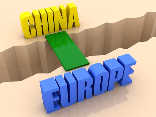 Two words CHINA and EUROPE united by bridge through separation crack. Concept 3D illustration. — Stock Photo, Image