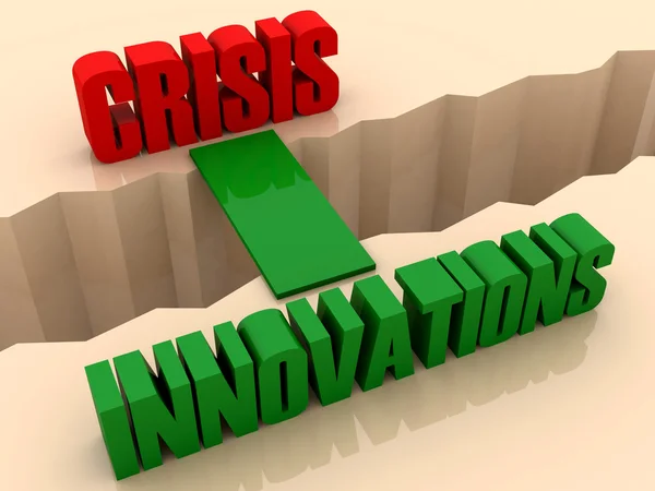 Two words CRISIS and INNOVATIONS united by bridge through separation crack. Concept 3D illustration. — Stock Photo, Image