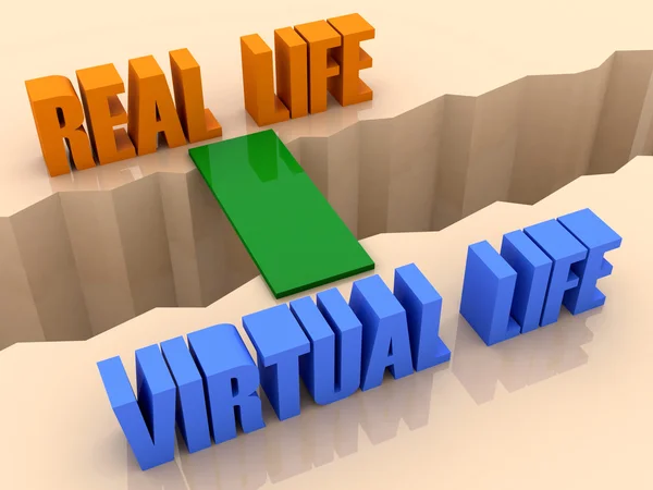 Duas frases REAL LIFE e VIRTUAL LIFE unidas por ponte através de trinca de separação. Conceito ilustração 3D . — Fotografia de Stock