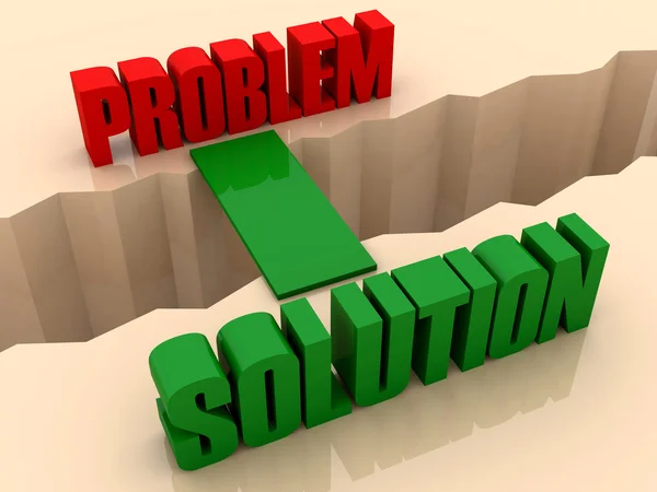 Два слова PROBLEM і SOLUTION об'єднані мостом через роз'єднання тріщини. Концепція 3D ілюстрація . — стокове фото