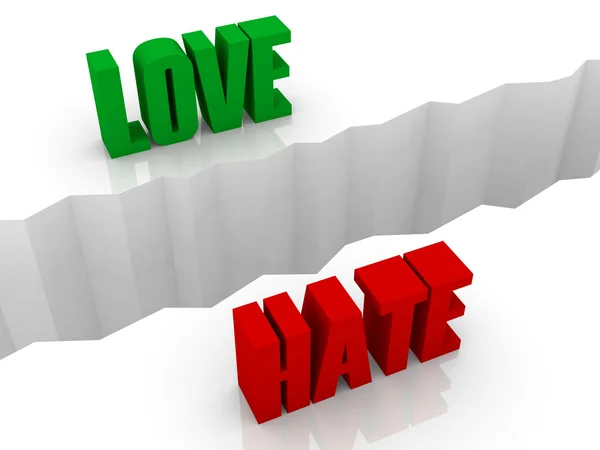 Two words LOVE and HATE split on sides, separation crack. Concept 3D illustration. — Stock Photo, Image