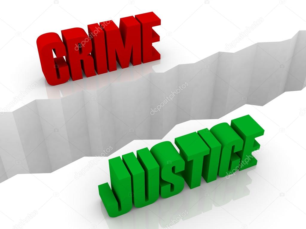 Two words CRIME and JUSTICE split on sides, separation crack. Concept 3D illustration.