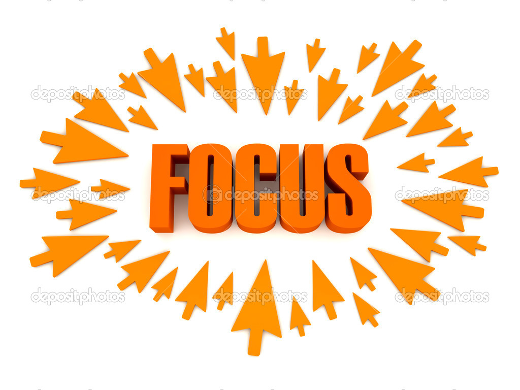 Arrows aimed at the word FOCUS. Concept 3D illustration.