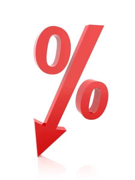 Röd procentsymbol med en pil ner. begreppet 3d illustration. — Stockfoto