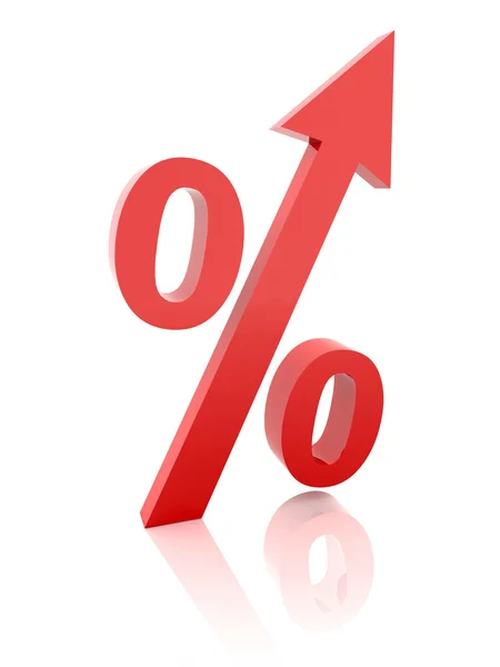 Röd procentsymbol med en pil upp. begreppet 3d illustration. — Stockfoto