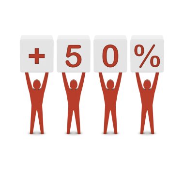 hombres sosteniendo además el 55 por ciento. Ilustración 3d concepto.