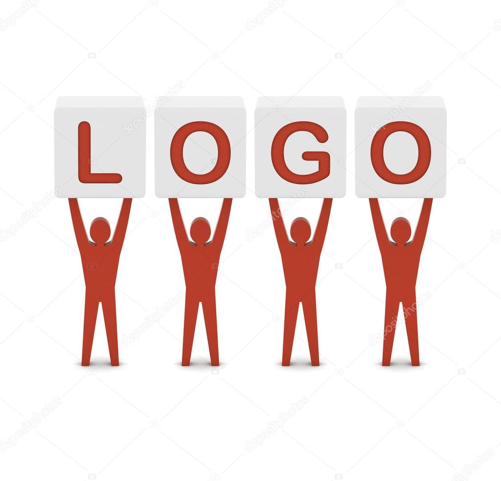 Men holding the word logo. Concept 3D illustration.