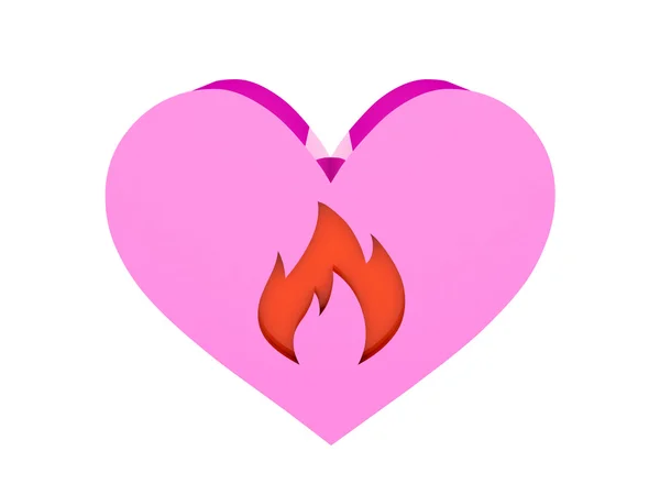 Big pink heart. Fire symbol cutout inside. Concept 3D illustration. — Stock Photo, Image