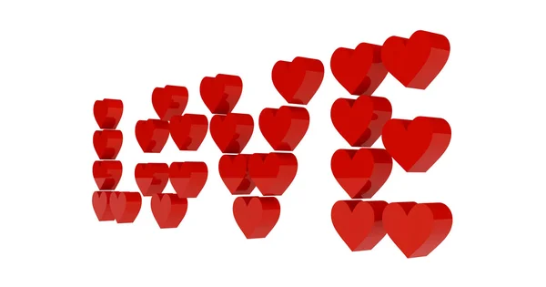 Corazones rojos puestos en la palabra AMOR. Concepto Ilustración 3D . — Foto de Stock