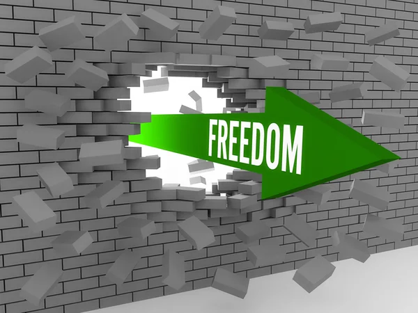 Pfeil mit dem Wort Freiheit, das Ziegelmauer durchbricht. Konzept 3D Illustration. — Stockfoto
