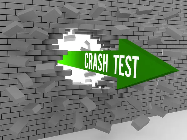 Freccia con le parole Crash Test rompere muro di mattoni. Concetto Illustrazione 3D . — Foto Stock