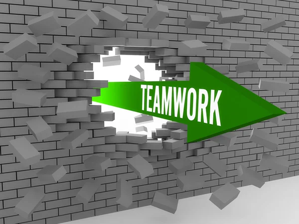 Pijl met woord teamwork breken bakstenen muur. concept 3d illustratie. — Stockfoto
