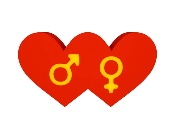 Dois corações. Símbolos de recorte masculino e feminino no interior. Conceito ilustração 3D . — Fotografia de Stock
