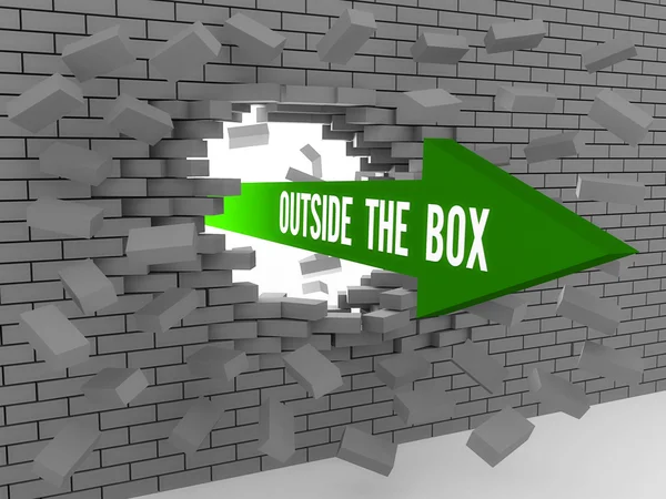 Arrow with words Outside The Box breaking brick wall. Concept 3D illustration. — Stock Photo, Image