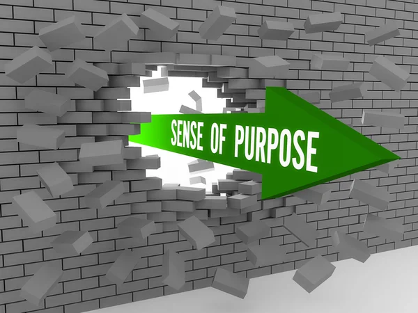 Arrow with words Sense of Purpose breaking brick wall. Concept 3D illustration. — Stock Photo, Image