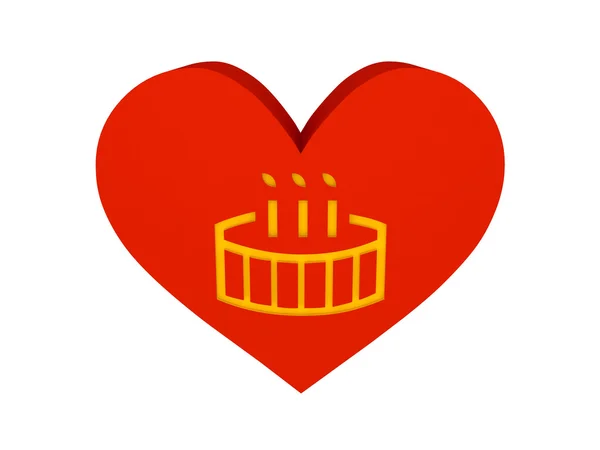 Grande cuore rosso con simbolo torta di compleanno. Concetto Illustrazione 3D . — Foto Stock