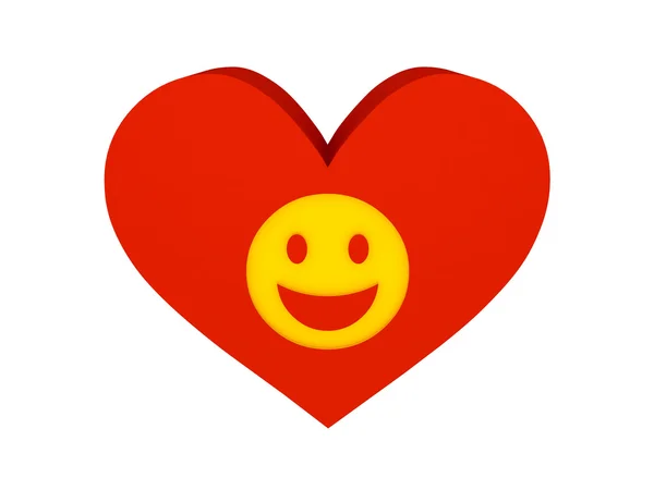 Gran corazón rojo con símbolo de la cara sonriente. Concepto Ilustración 3D . —  Fotos de Stock