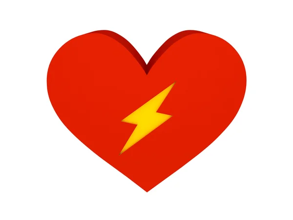 Grande coração vermelho com símbolo de relâmpago. Conceito ilustração 3D . — Fotografia de Stock