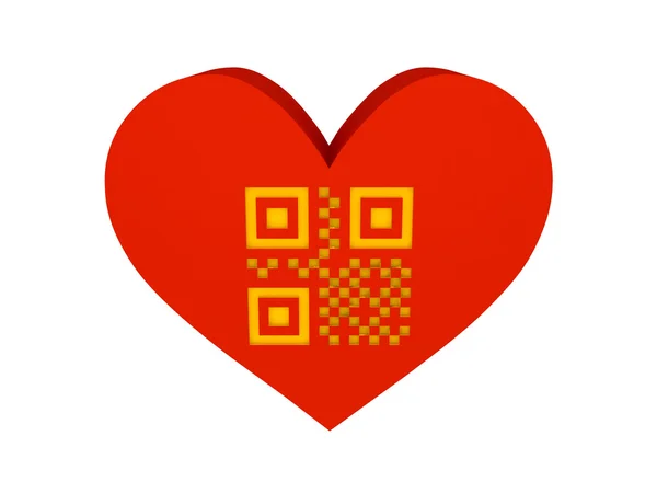 Stort rött hjärta med qr kod symbol. begreppet 3d illustration. — Stockfoto