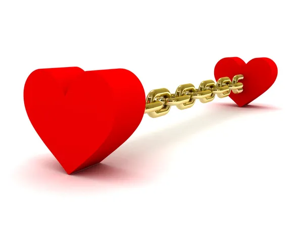 Two hearts linked by long golden chain. Concept 3D illustration. — Stock Photo, Image