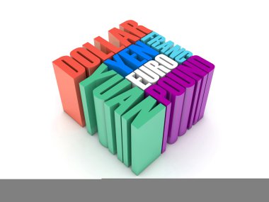 renkli para birimi adı. Konsept illüstrasyon