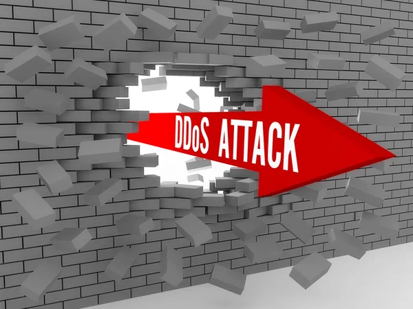 Arrow with words DDos Attack breaking brick wall. Concept 3D illustration. — Stock Photo, Image
